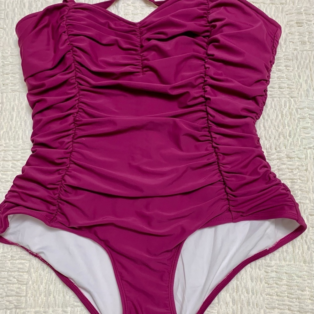 BEACH BASH Plum/Wine Flattering Ruched
Halter Top One Piece
Swimsuit. 3X - Picture 2 of 10